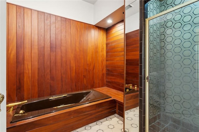 full bathroom featuring a sauna / steam room, wood walls, tiled shower, and a garden tub