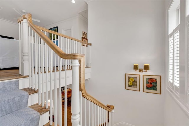 225 Ridgewood Dr, Metairie, LA 70005 - stairs with ornamental molding, baseboards, and wood finished floors