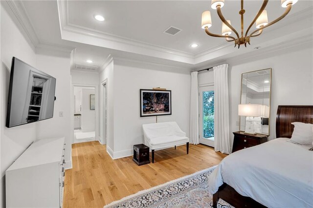 225 Ridgewood Dr, Metairie, LA 70005 - bedroom featuring light wood-type flooring, ornamental molding, visible vents, a raised ceiling, and a notable chandelier