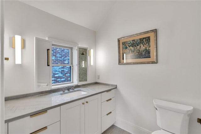 225 Ridgewood Dr, Metairie, LA 70005 - bathroom with toilet, vanity, baseboards, and lofted ceiling