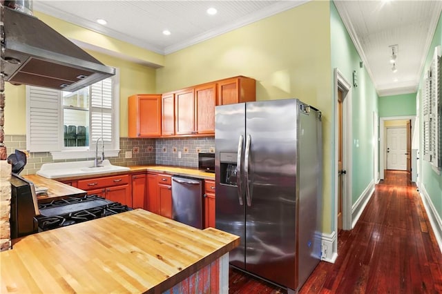kitchen with crown molding, extractor fan, wooden counters, and stainless steel appliances