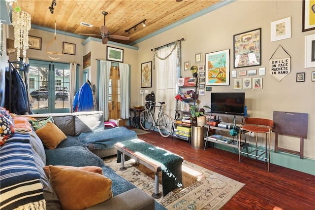 living room with crown molding, rail lighting, visible vents, wooden ceiling, and wood-type flooring
