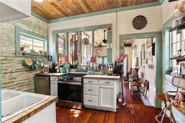 kitchen with white cabinets, a sink, electric stove, wooden counters, and dark wood-style floors