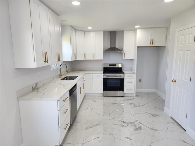 2405 Tattersall Dr, Harvey, LA 70058 - kitchen with recessed lighting, wall chimney exhaust hood, stainless steel appliances, marble finish floor, and a sink