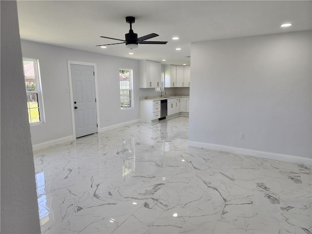 2405 Tattersall Dr, Harvey, LA 70058 - unfurnished living room with marble finish floor, ceiling fan, baseboards, and recessed lighting