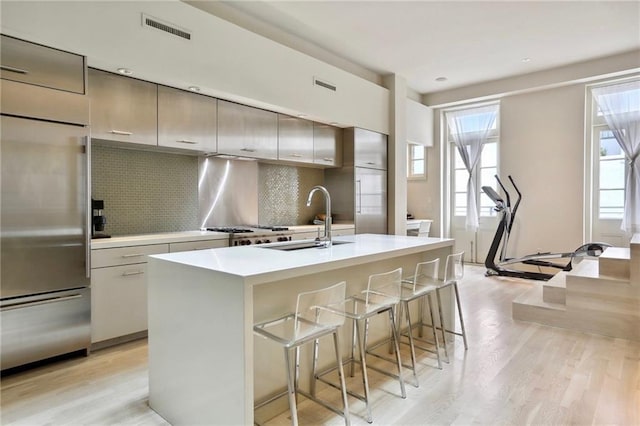 kitchen with light wood-style flooring, a sink, visible vents, backsplash, and stainless steel built in fridge