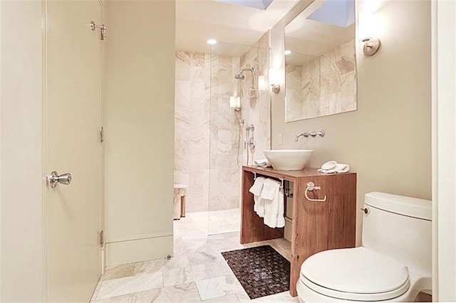 full bath with toilet, vanity, and a walk in shower