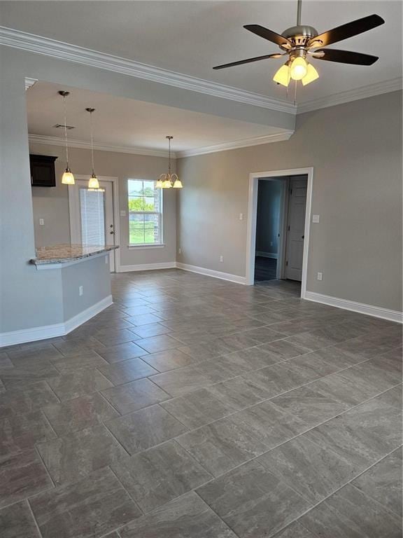 719 Rue St, Michael, Terrytown, LA 70056 - unfurnished living room featuring a ceiling fan, crown molding, and a chandelier