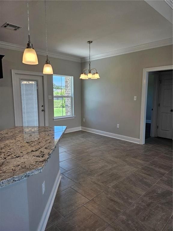 719 Rue St, Michael, Terrytown, LA 70056 - kitchen featuring a chandelier, ornamental molding, light stone countertops, and hanging light fixtures