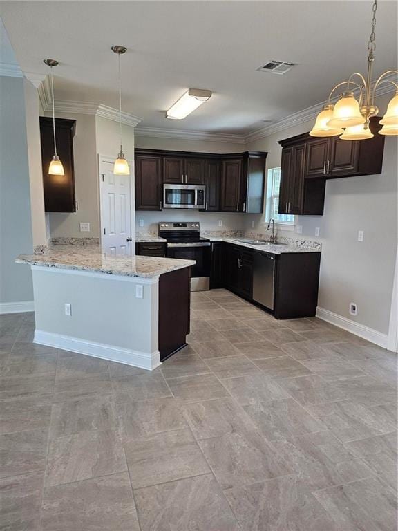 719 Rue St, Michael, Terrytown, LA 70056 - kitchen with appliances with stainless steel finishes, a chandelier, crown molding, a peninsula, and dark brown cabinetry