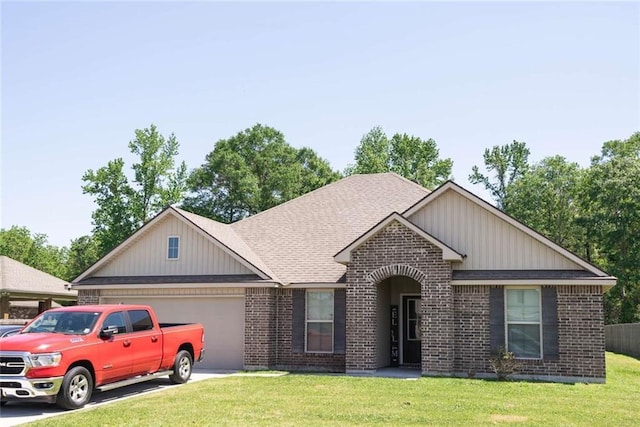 craftsman inspired home featuring a shingled roof, an attached garage, board and batten siding, brick siding, and a front lawn
