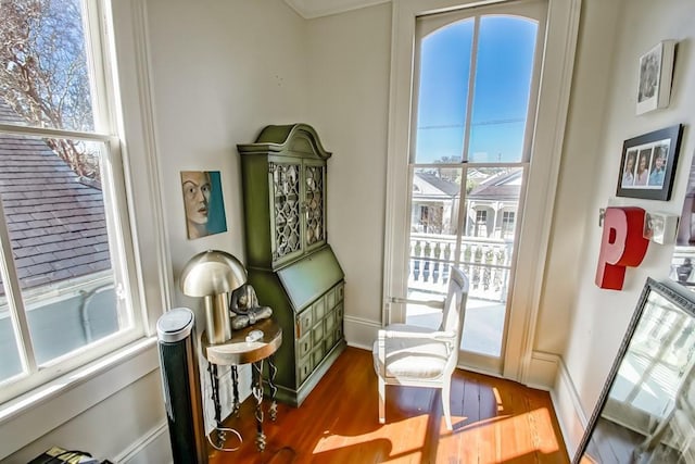 sitting room with plenty of natural light, wood finished floors, and baseboards