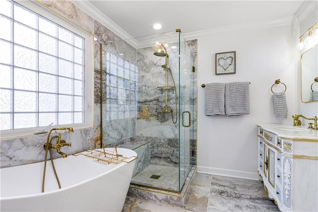 1612 Marina Dr, Slidell, LA 70458 - bathroom featuring ornamental molding, baseboards, a shower stall, and a healthy amount of sunlight