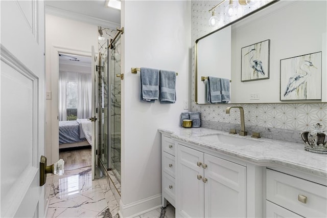 1612 Marina Dr, Slidell, LA 70458 - ensuite bathroom featuring tasteful backsplash, vanity, connected bathroom, a shower stall, and marble finish floor