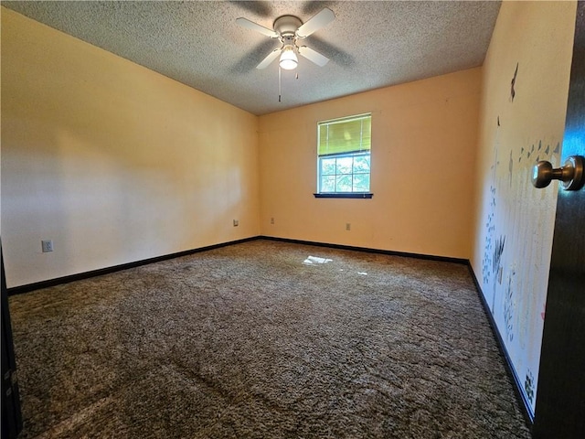 spare room with a textured ceiling, ceiling fan, baseboards, and carpet