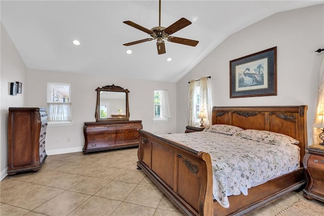 5245 Sanford St, Metairie, LA 70006 - bedroom featuring vaulted ceiling, multiple windows, baseboards, recessed lighting, and a ceiling fan