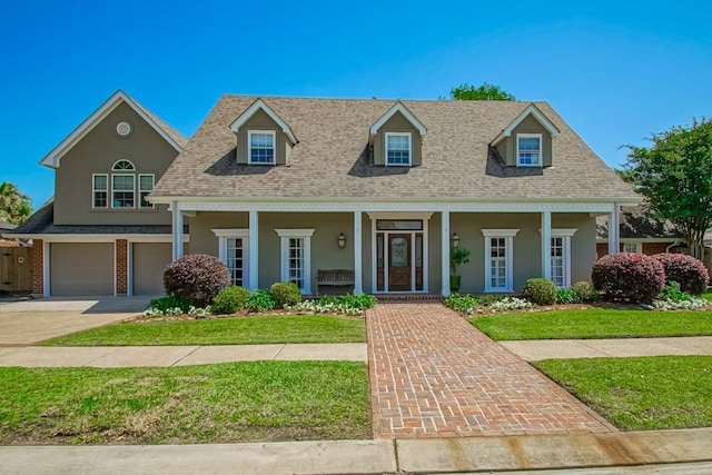 new england style home featuring covered porch, a garage, stucco siding, and a front yard