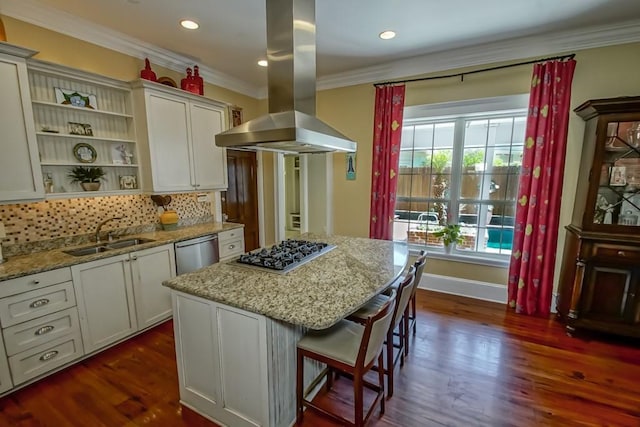 kitchen featuring ornamental molding, a sink, island exhaust hood, open shelves, and stainless steel appliances