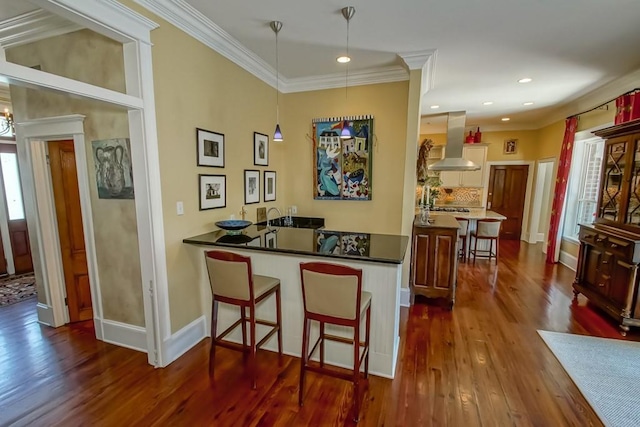 bar featuring dark wood-style flooring, plenty of natural light, and island exhaust hood