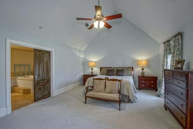bedroom featuring carpet, baseboards, ceiling fan, visible vents, and connected bathroom