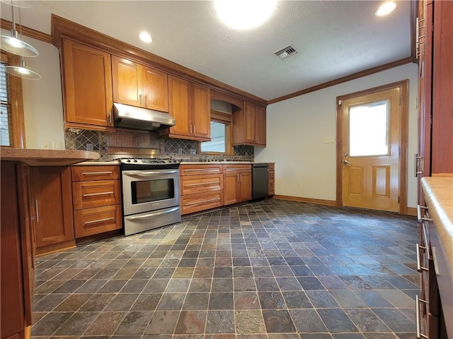 2202 Fazzio Rd, Chalmette, LA 70043 - kitchen with baseboards, stainless steel electric range oven, crown molding, under cabinet range hood, and dishwasher