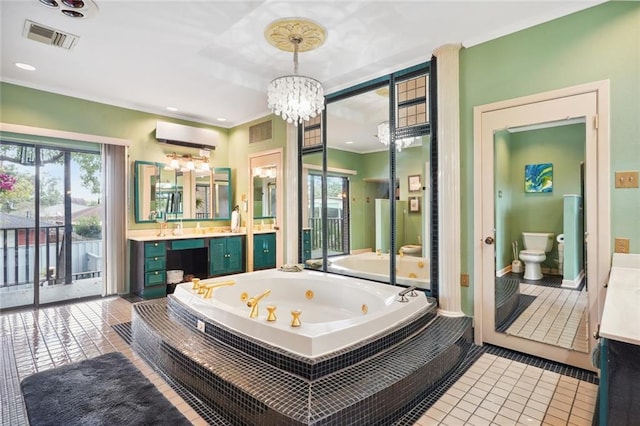 bathroom with visible vents, toilet, a jetted tub, and an inviting chandelier