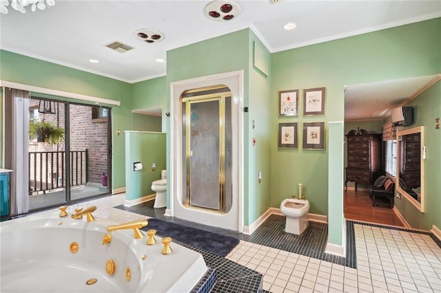 full bath with toilet, a healthy amount of sunlight, crown molding, and visible vents