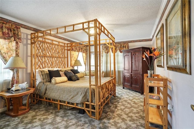 carpeted bedroom with ornamental molding and a textured ceiling