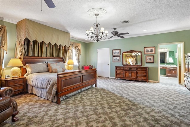 carpeted bedroom featuring a textured ceiling, baseboards, ornamental molding, and visible vents