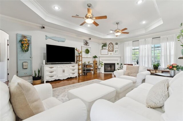 155 Maud Olive Dr, Belle Chasse, LA 70037 - living room featuring wood finished floors, a tray ceiling, ornamental molding, and ceiling fan