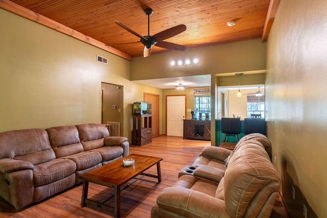 living room featuring wood finished floors, visible vents, wooden ceiling, and ceiling fan