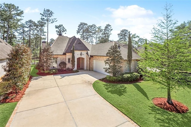 french country home with concrete driveway, roof with shingles, an attached garage, a front yard, and brick siding