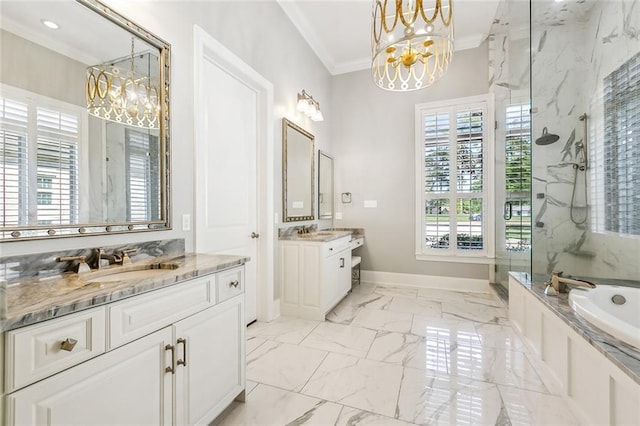 bathroom with an inviting chandelier, a sink, crown molding, a marble finish shower, and marble finish floor