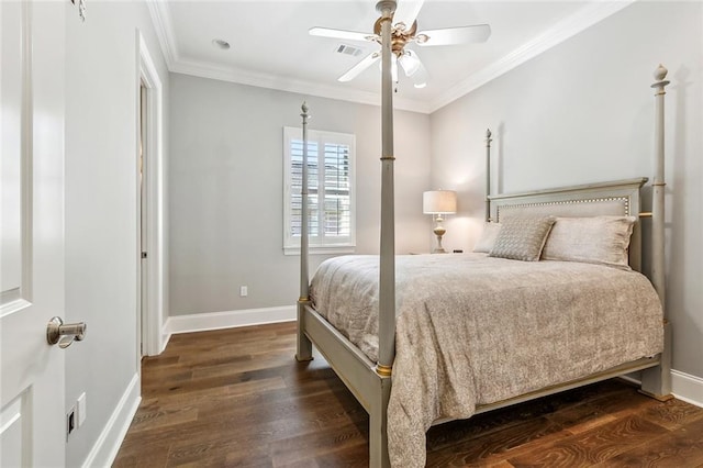 bedroom with crown molding, dark wood-style flooring, baseboards, and recessed lighting
