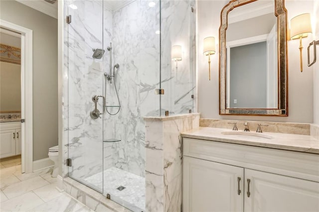 full bathroom featuring a marble finish shower, marble finish floor, vanity, and crown molding