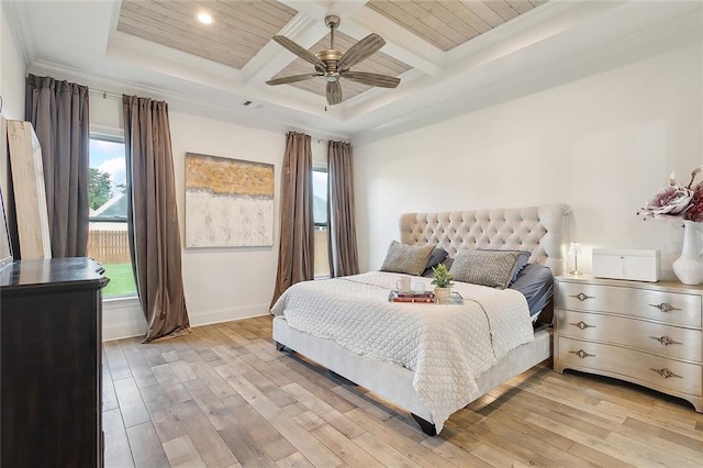 bedroom featuring light wood-type flooring, beamed ceiling, baseboards, and coffered ceiling