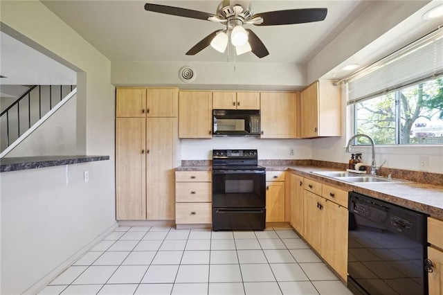 10012 Joel Ave, River Ridge, LA 70123 - kitchen with a ceiling fan, light brown cabinetry, dark countertops, a sink, and black appliances