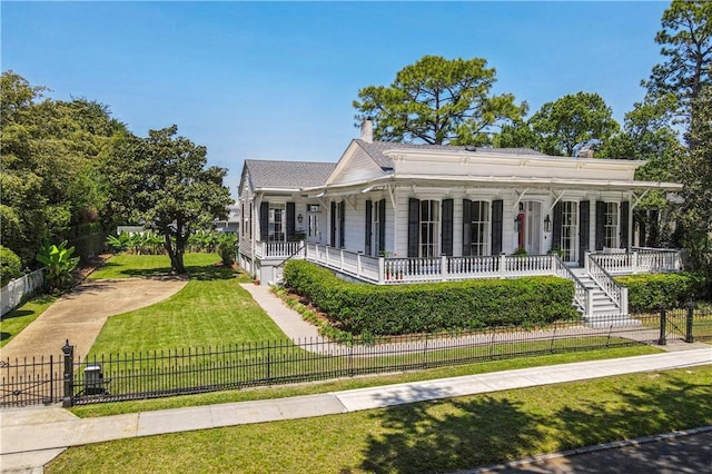 3611 Carondelet St, New Orleans, LA 70115 - farmhouse featuring a fenced front yard, a front yard, covered porch, and a chimney