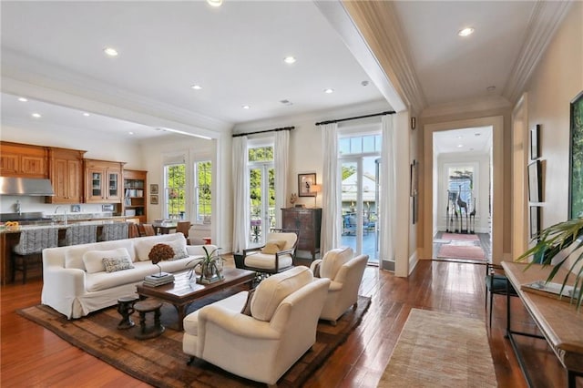 3611 Carondelet St, New Orleans, LA 70115 - living room featuring crown molding, recessed lighting, and dark wood-type flooring