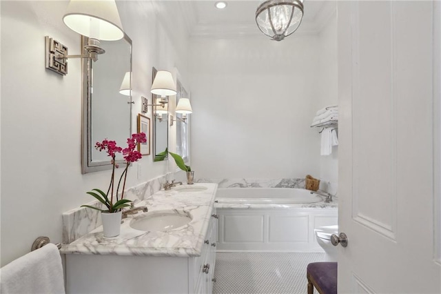 3611 Carondelet St, New Orleans, LA 70115 - bathroom with crown molding, a sink, double vanity, tile patterned floors, and a bath