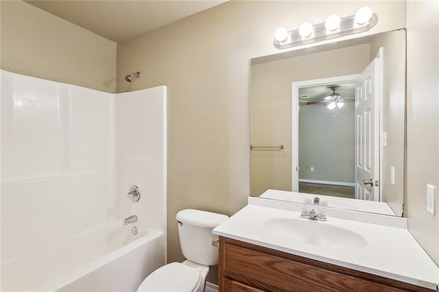 48351 Woodhaven Rd, Tickfaw, LA 70466 - bathroom with vanity, bathtub / shower combination, toilet, and ceiling fan