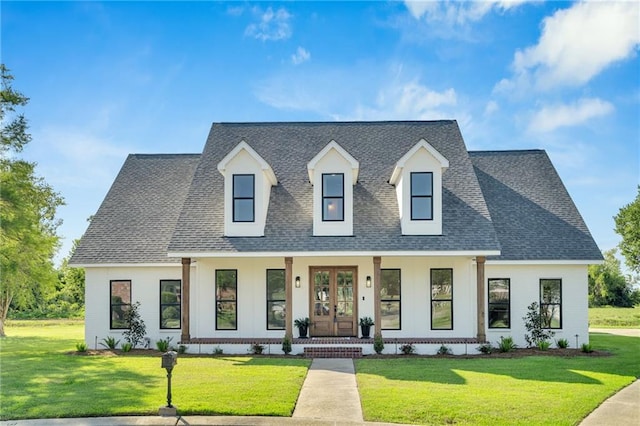 view of front of home with french doors, a front lawn, a shingled roof, and covered porch