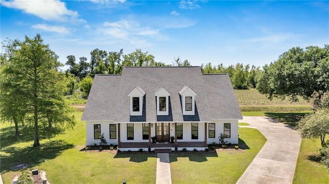 cape cod house featuring roof with shingles, stucco siding, and a front lawn