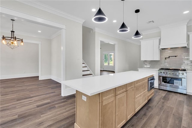 kitchen featuring tasteful backsplash, visible vents, stainless steel range, dark wood-style floors, and custom range hood