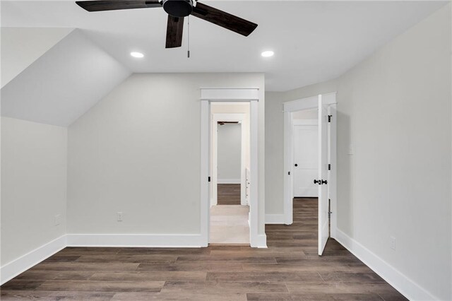 bonus room with baseboards, vaulted ceiling, recessed lighting, ceiling fan, and wood finished floors