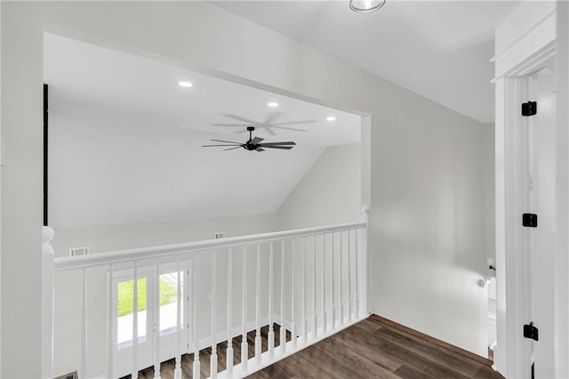 interior space featuring recessed lighting, dark wood-style floors, visible vents, lofted ceiling, and ceiling fan