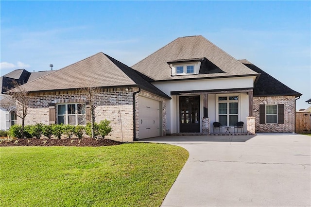 view of front of house featuring brick siding, a front yard, and driveway