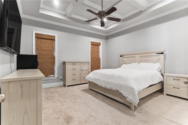 carpeted bedroom with crown molding, ceiling fan, coffered ceiling, baseboards, and beam ceiling