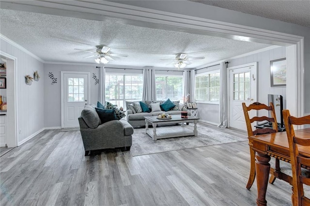 232 Chateau Dr, Slidell, LA 70460 - living room featuring ornamental molding, a textured ceiling, wood finished floors, and ceiling fan