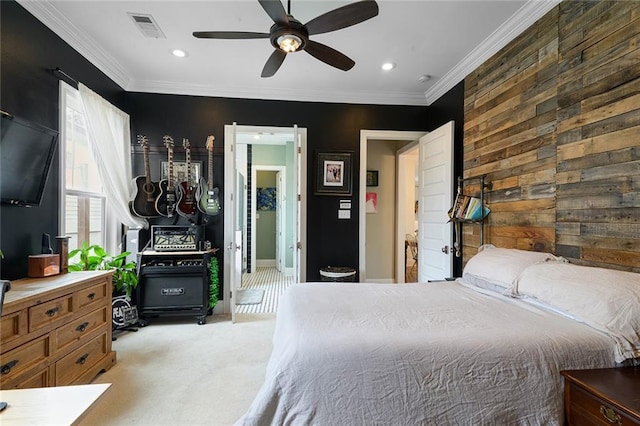 6038 Orleans Ave, New Orleans, LA 70124 - carpeted bedroom featuring wooden walls, visible vents, recessed lighting, and crown molding